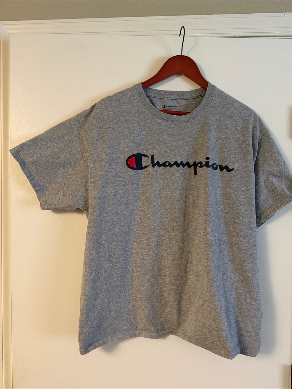 Champion Gray Short-Sleeve Logo Tee with Red Accent